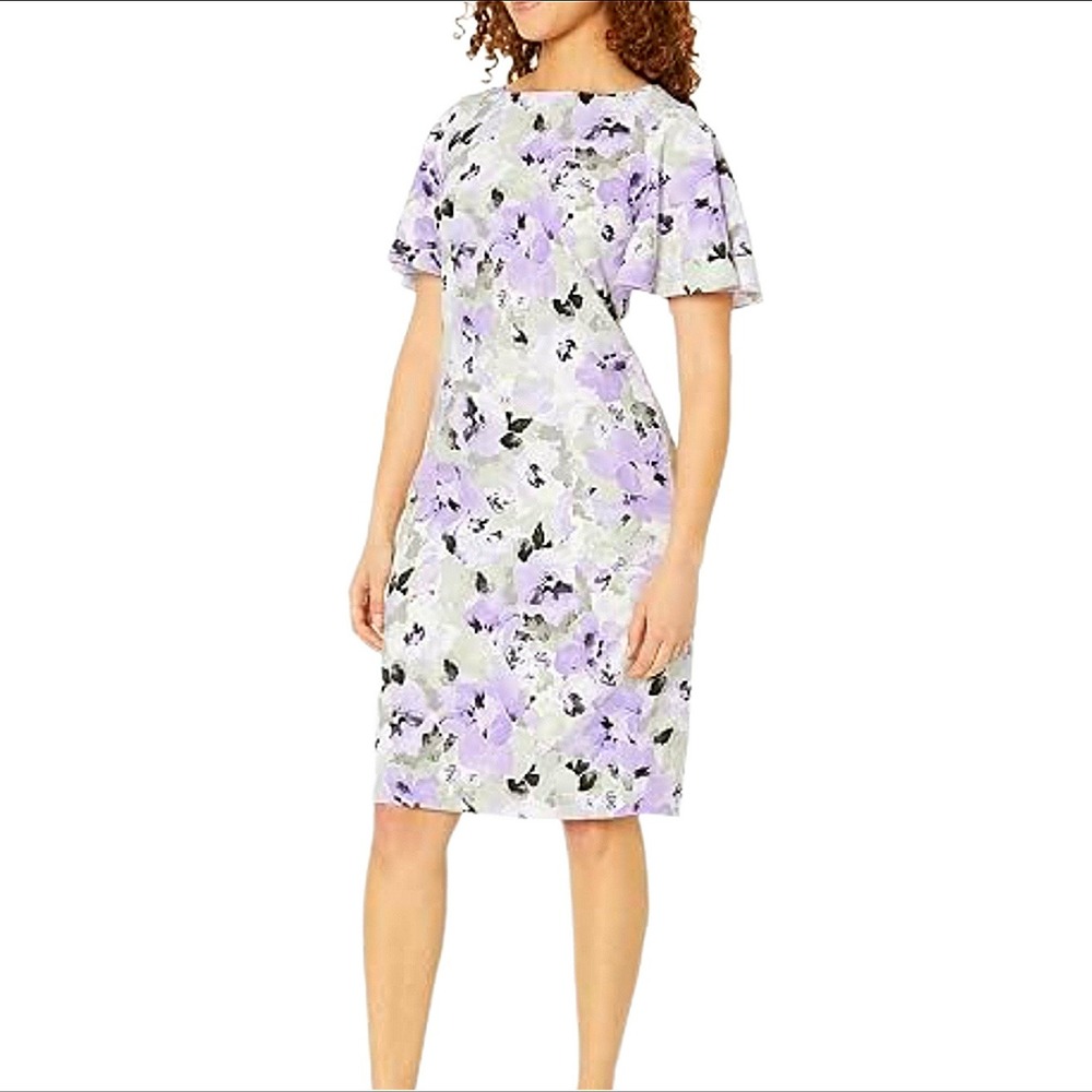 Kasper Flutter Sleeve Sheath Dress Womens 10P Floral Lavender Classic Romantic